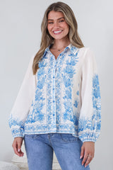 Hailie Shirt - Wing Collar Button Down with Long Balloon Sleeves in Sweeney Print Blue