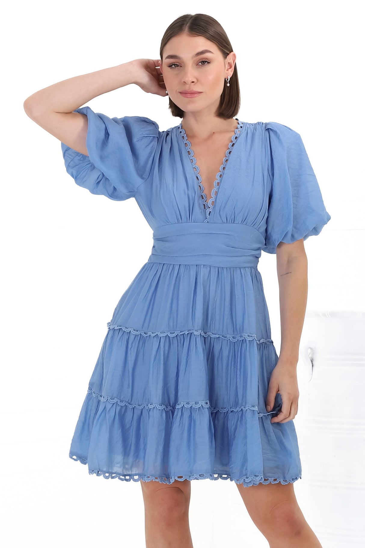 Haizlee Mini Dress - Billow Sleeve Tiered A-Line Mini in Blue