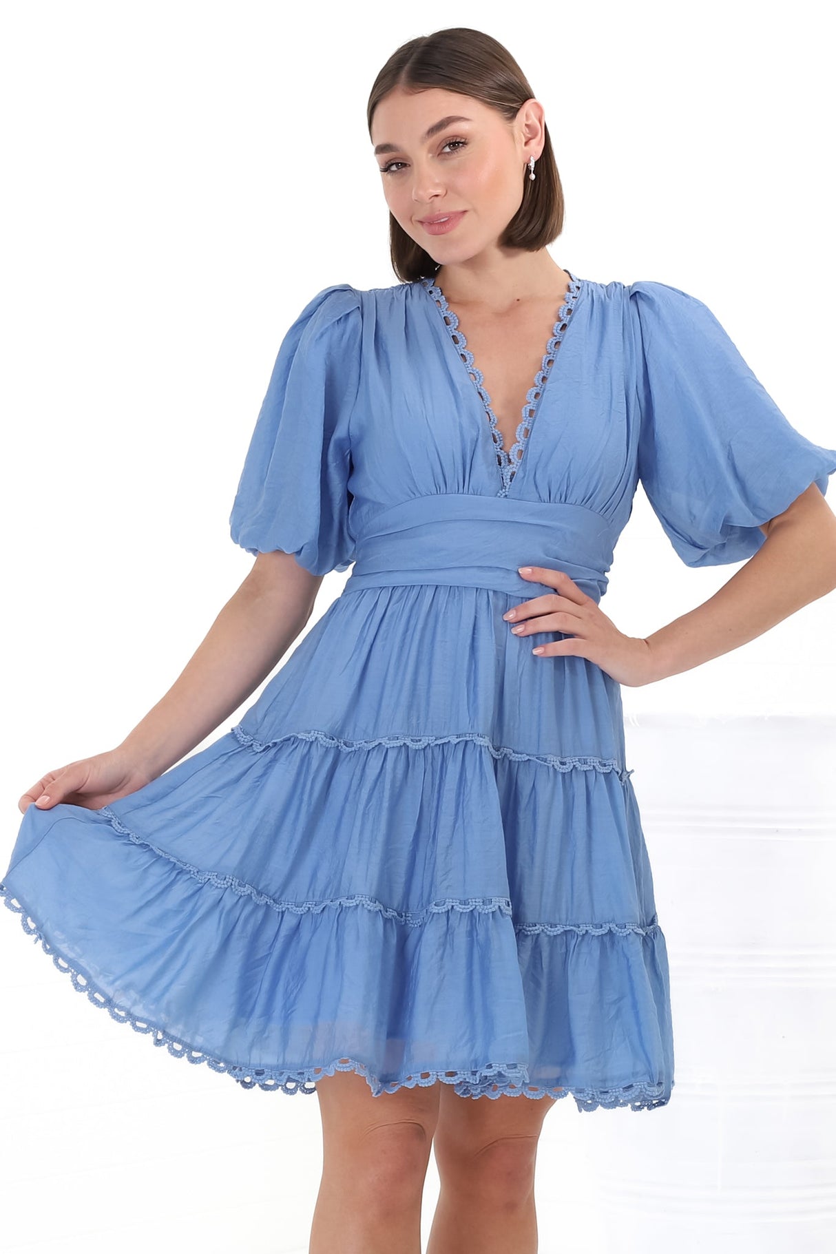 Haizlee Mini Dress - Billow Sleeve Tiered A-Line Mini in Blue