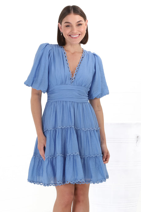 Haizlee Mini Dress - Billow Sleeve Tiered A-Line Mini in Blue