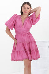 Haizlee Mini Dress - Billow Sleeve Tiered A-Line Mini in Pink