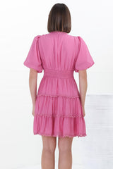 Haizlee Mini Dress - Billow Sleeve Tiered A-Line Mini in Pink