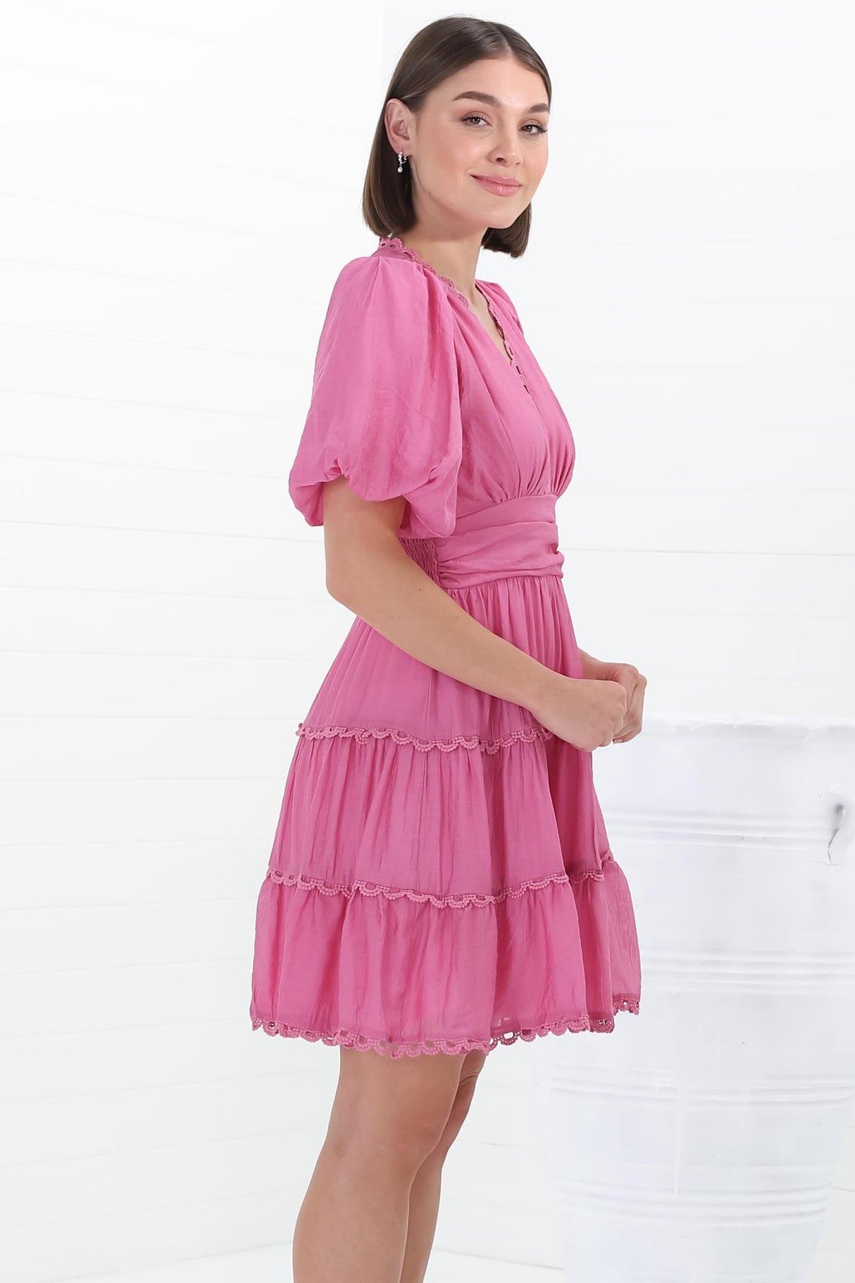 Haizlee Mini Dress - Billow Sleeve Tiered A-Line Mini in Pink