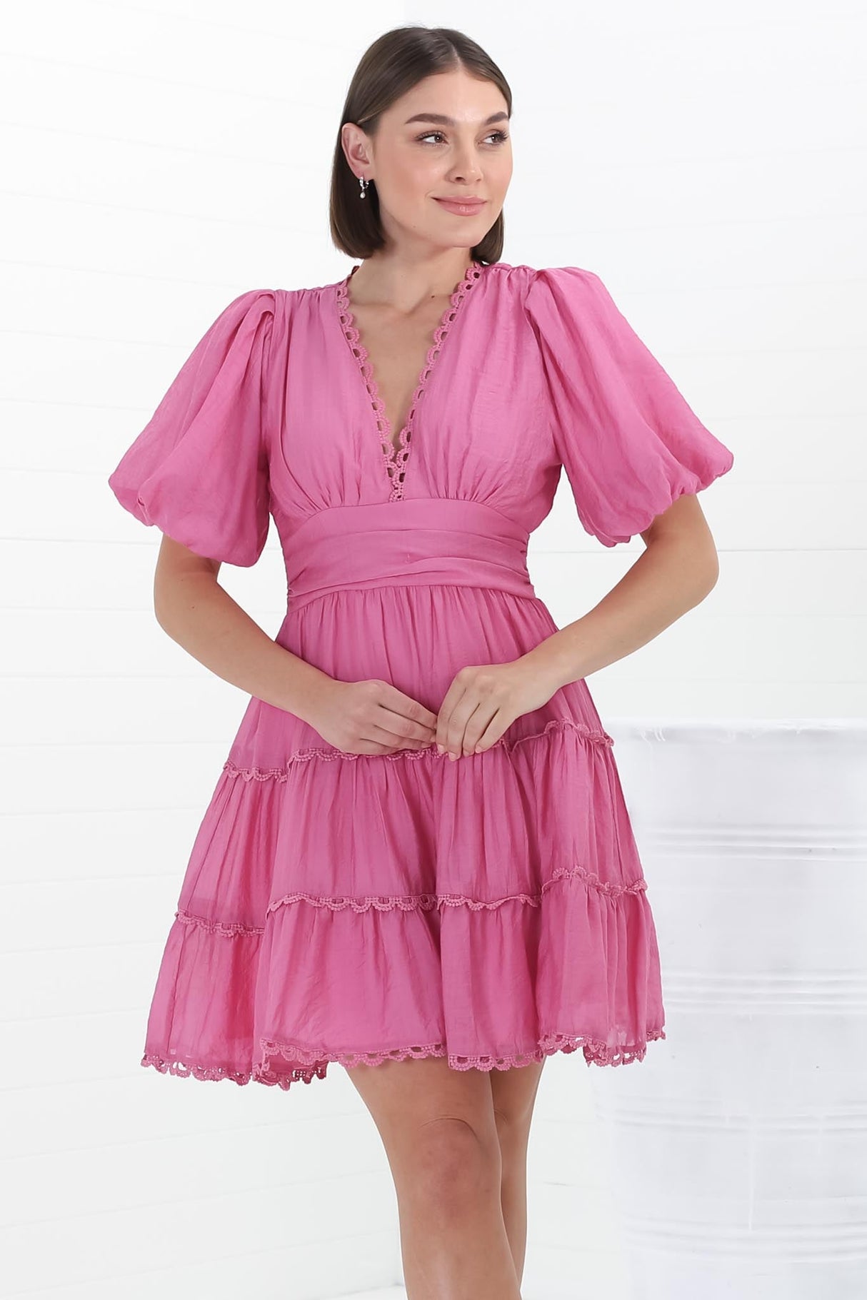 Haizlee Mini Dress - Billow Sleeve Tiered A-Line Mini in Pink