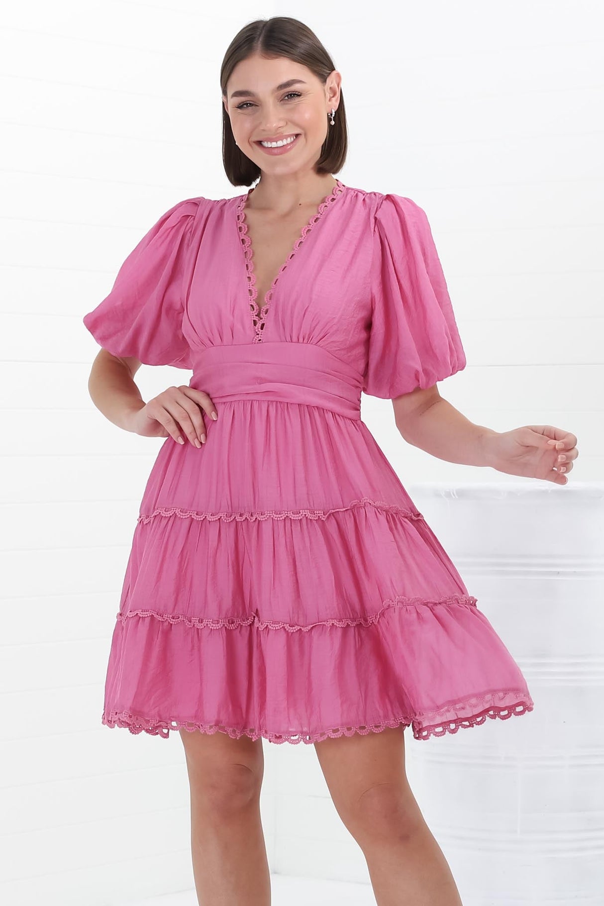 Haizlee Mini Dress - Billow Sleeve Tiered A-Line Mini in Pink