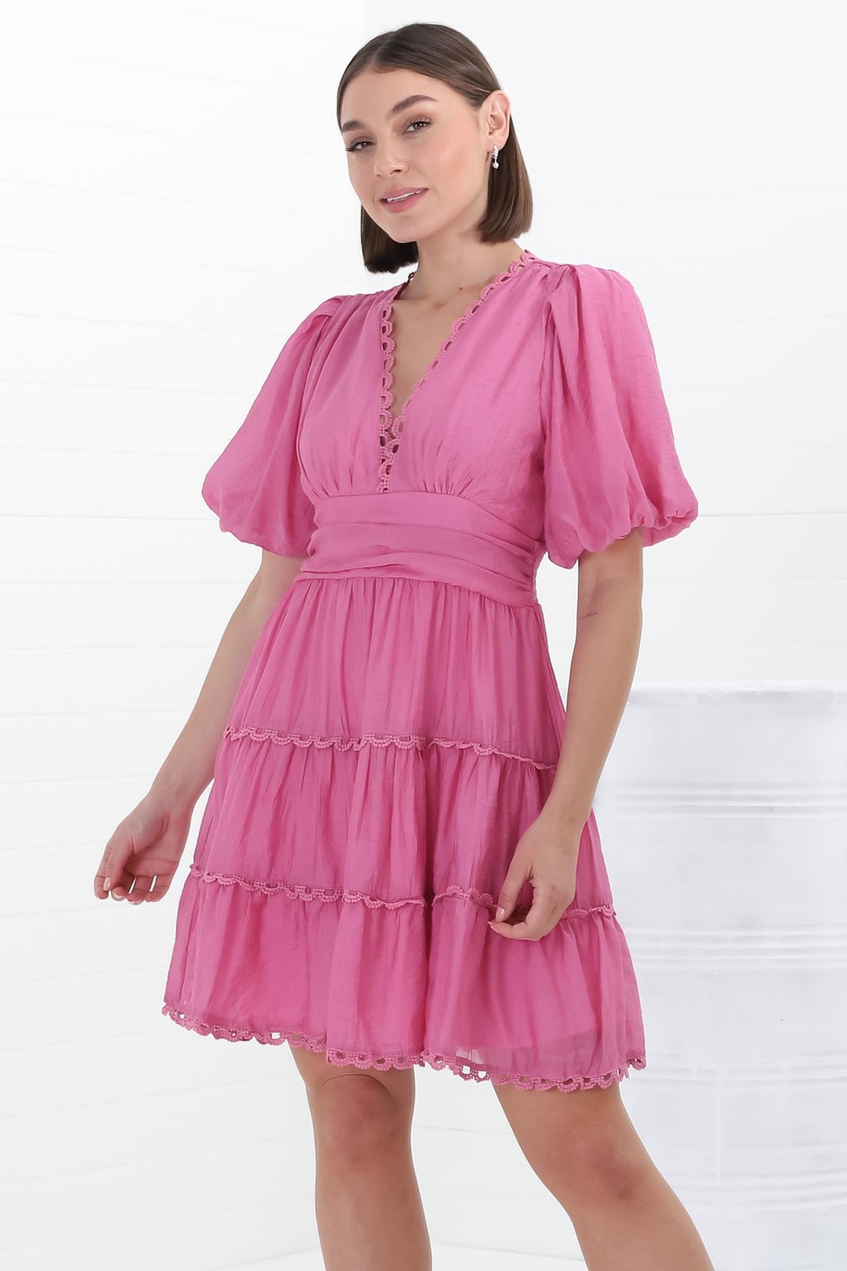 Haizlee Mini Dress - Billow Sleeve Tiered A-Line Mini in Pink