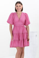 Haizlee Mini Dress - Billow Sleeve Tiered A-Line Mini in Pink