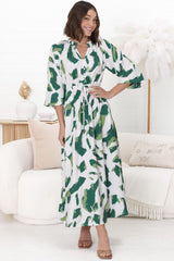 Halle Maxi Dress - Frill Mandarin Collar A Line Dress in Romy Print Green