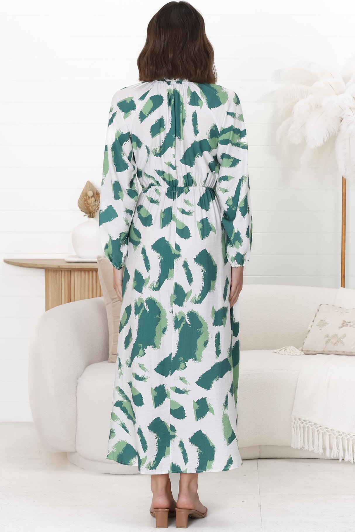 Halle Maxi Dress - Frill Mandarin Collar A Line Dress in Romy Print Green