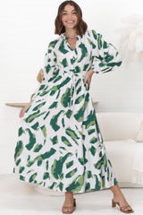 Halle Maxi Dress - Frill Mandarin Collar A Line Dress in Romy Print Green