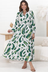 Halle Maxi Dress - Frill Mandarin Collar A Line Dress in Romy Print Green