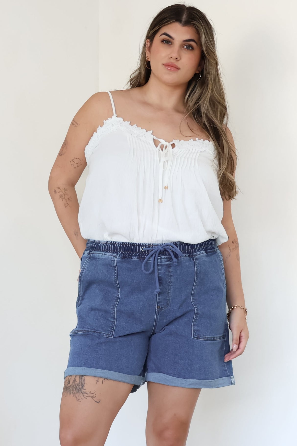 Halley Denim Shorts - Elasticated Waistband Folded Cuff Denim Shorts in Dark Denim