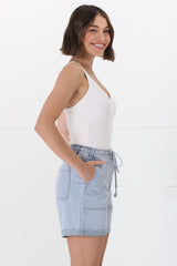 Halley Denim Shorts - Elasticated Waistband Folded Cuff Denim Shorts in Light Denim