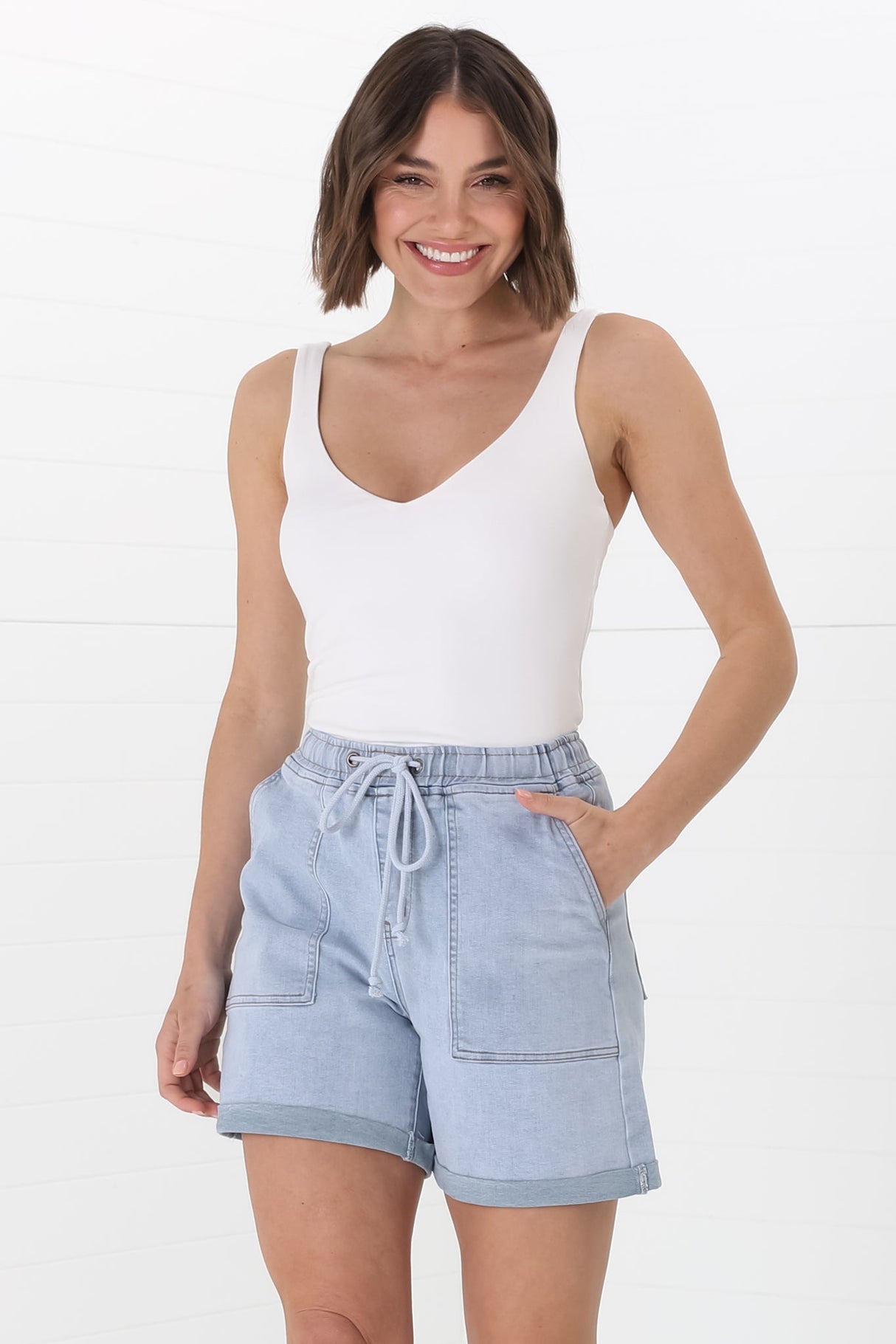 Halley Denim Shorts - Elasticated Waistband Folded Cuff Denim Shorts in Light Denim