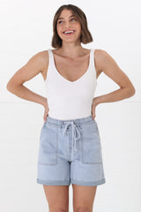 Halley Denim Shorts - Elasticated Waistband Folded Cuff Denim Shorts in Light Denim