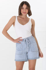 Halley Denim Shorts - Elasticated Waistband Folded Cuff Denim Shorts in Light Denim