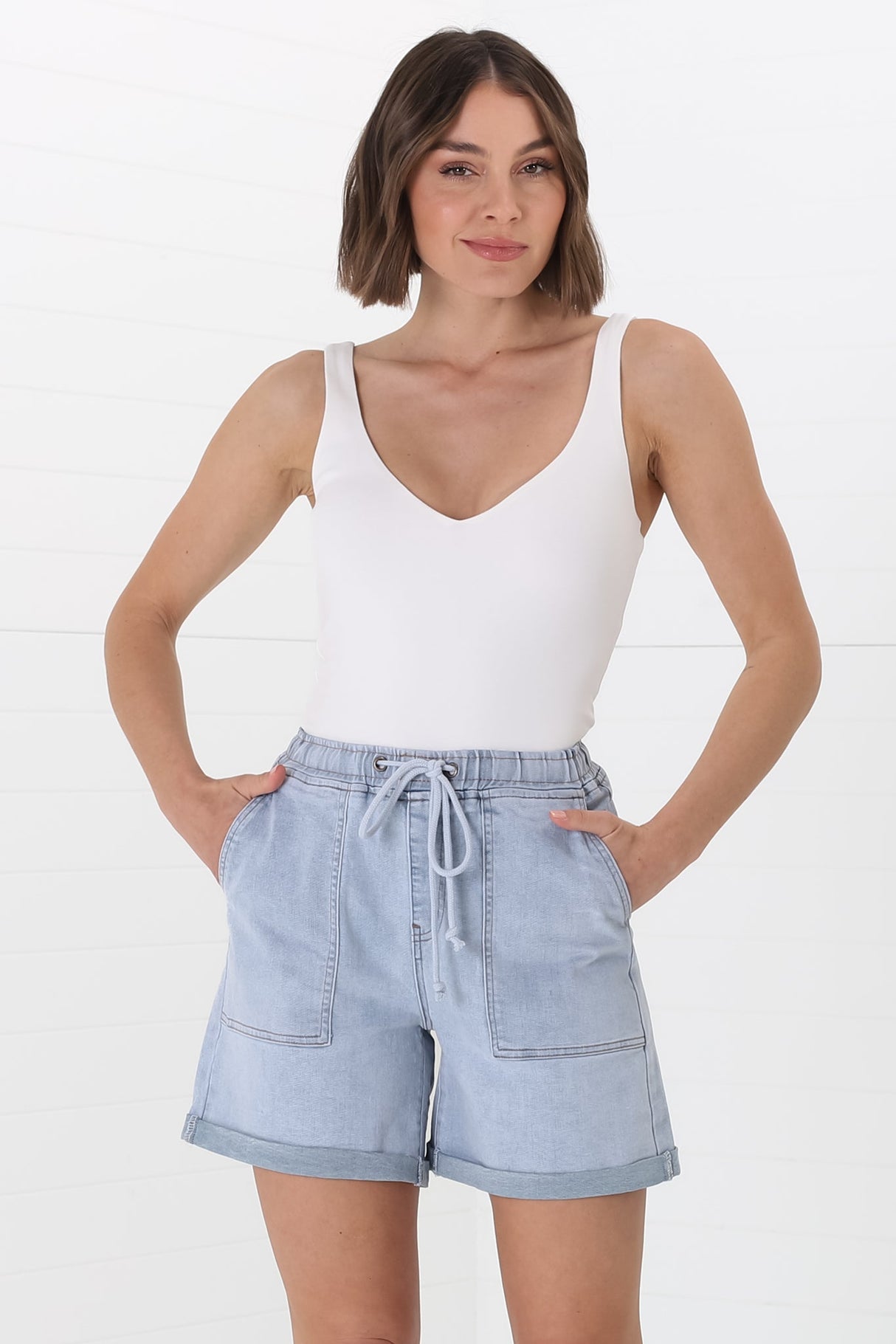 Halley Denim Shorts - Elasticated Waistband Folded Cuff Denim Shorts in Light Denim