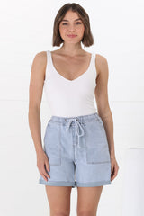 Halley Denim Shorts - Elasticated Waistband Folded Cuff Denim Shorts in Light Denim