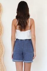 Halley Denim Shorts - Elasticated Waistband Folded Cuff Denim Shorts in Dark Denim