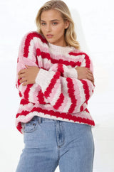 Hallie Jumper - Crew Neck Soft Knit Stripe Jumper in Red
