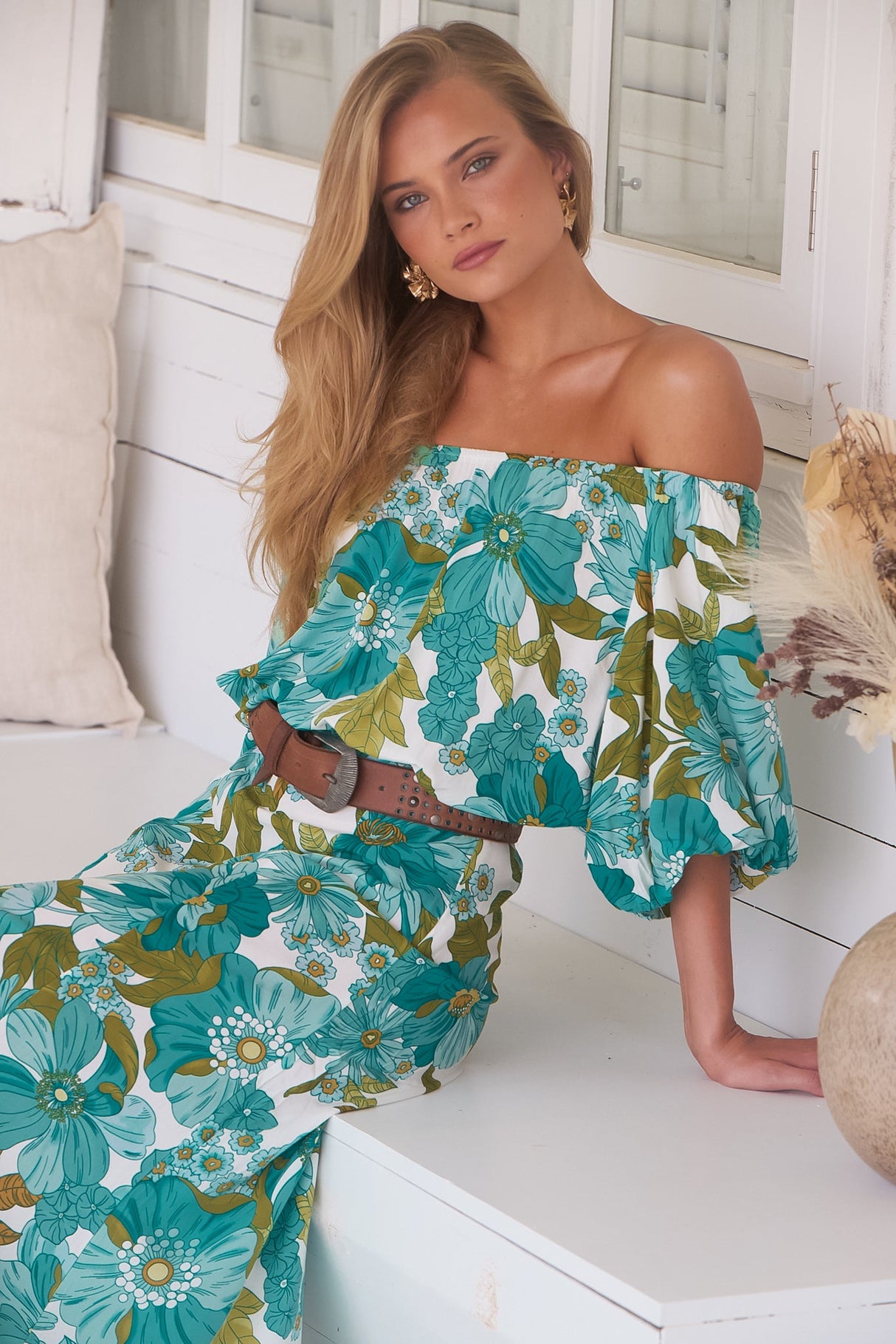 JAASE - Hallie Maxi Dress: Off Shoulder Balloon Sleeve Dress in Amaya Print