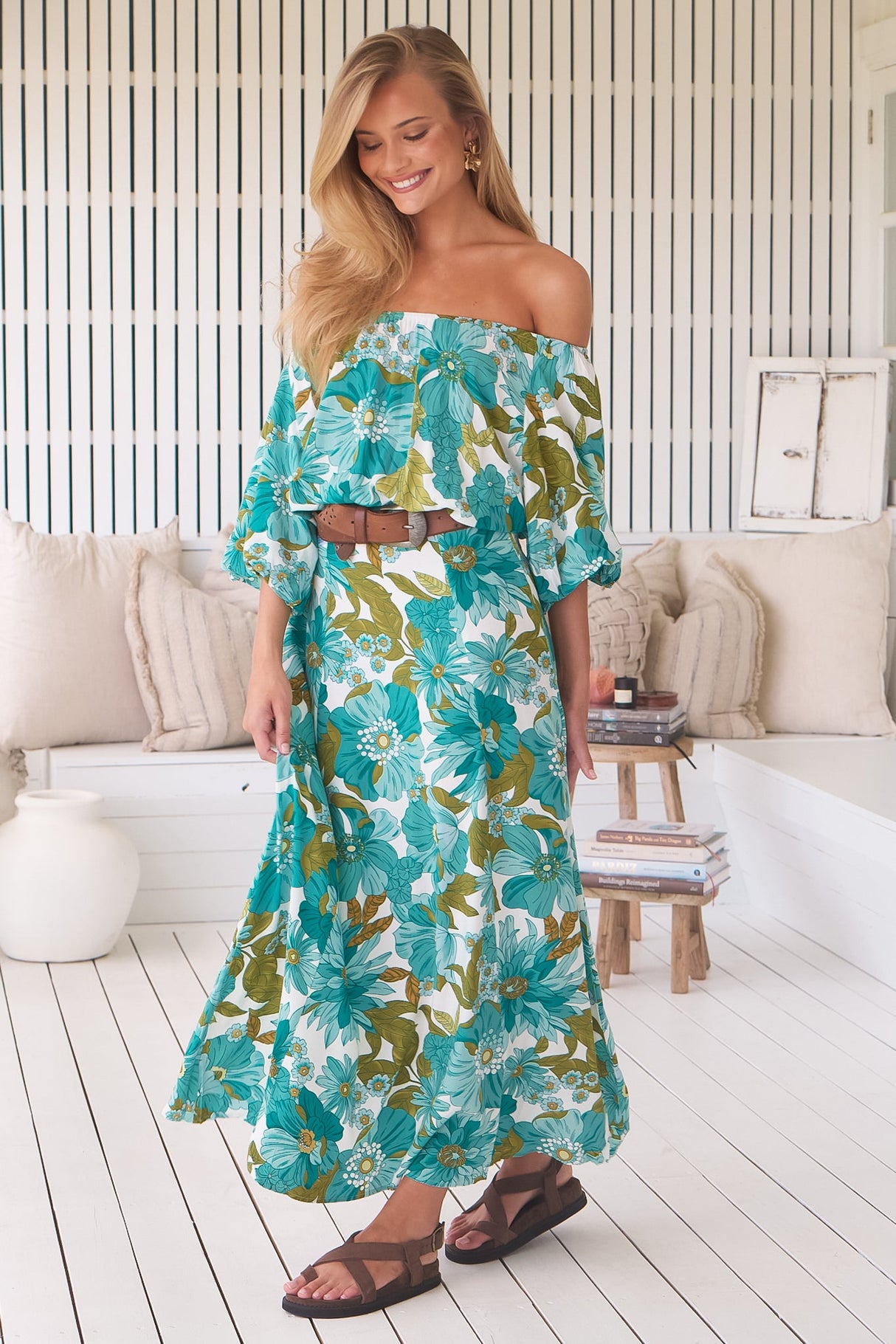 JAASE - Hallie Maxi Dress: Off Shoulder Balloon Sleeve Dress in Amaya Print