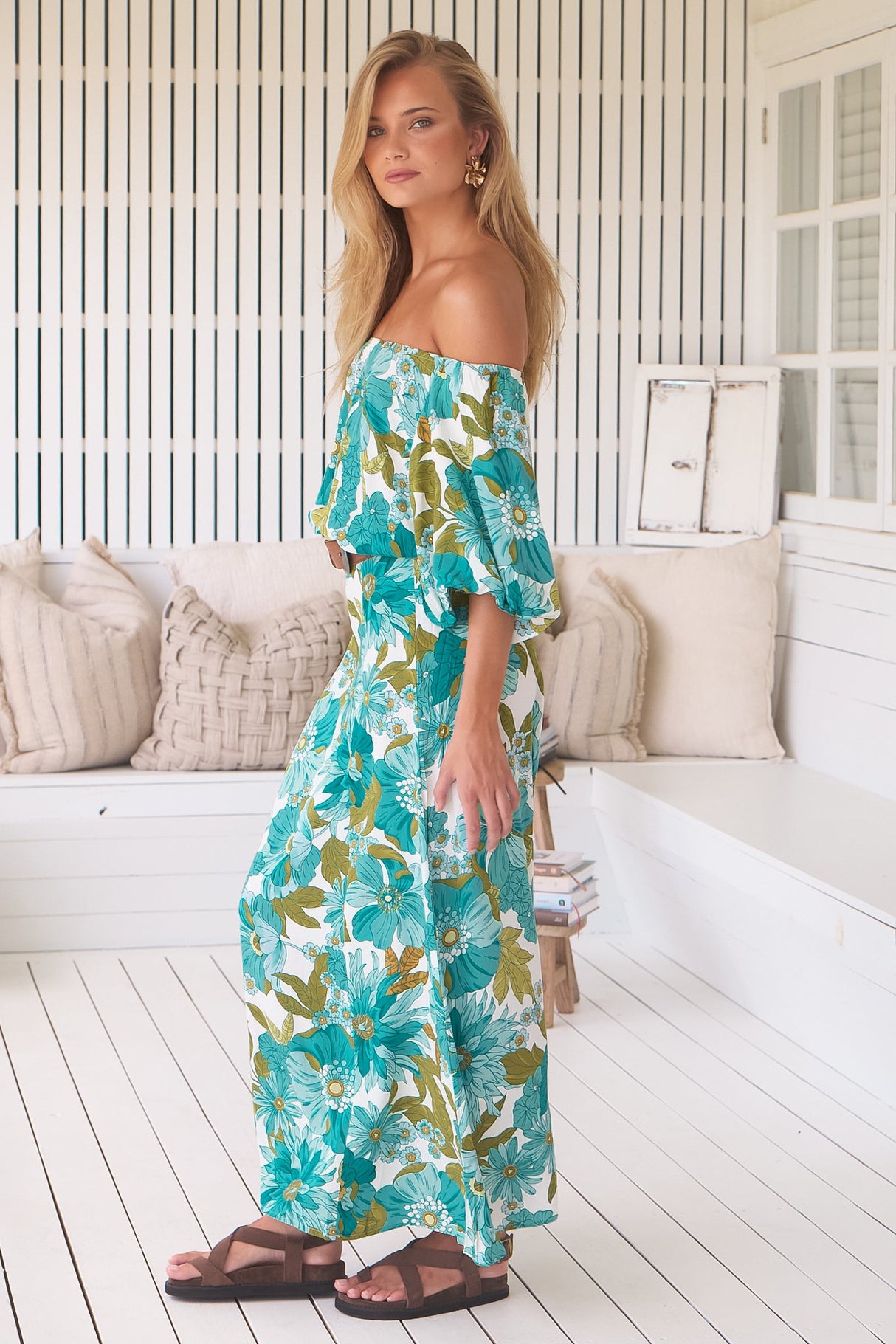 Hallie Maxi Dress - Off Shoulder Balloon Sleeve Dress in Amaya Print