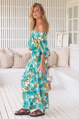 JAASE - Hallie Maxi Dress: Off Shoulder Balloon Sleeve Dress in Amaya Print