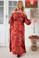 JAASE - Hallie Maxi Dress: Off Shoulder Balloon Sleeve Dress in Hibiscus Print