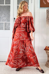 JAASE - Hallie Maxi Dress: Off Shoulder Balloon Sleeve Dress in Hibiscus Print