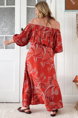 JAASE - Hallie Maxi Dress: Off Shoulder Balloon Sleeve Dress in Hibiscus Print