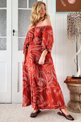JAASE - Hallie Maxi Dress: Off Shoulder Balloon Sleeve Dress in Hibiscus Print