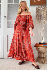 JAASE - Hallie Maxi Dress: Off Shoulder Balloon Sleeve Dress in Hibiscus Print