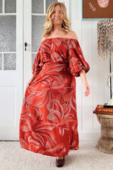 JAASE - Hallie Maxi Dress: Off Shoulder Balloon Sleeve Dress in Hibiscus Print