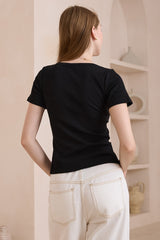 Hallie T-Shirt - Scoop Neckline Push Button Detail Ribbed Tee in Black