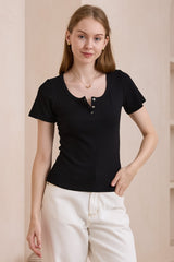 Hallie T-Shirt - Scoop Neckline Push Button Detail Ribbed Tee in Black