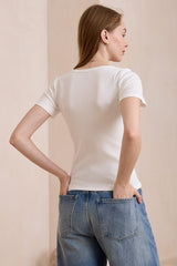 Hallie T-Shirt - Scoop Neckline Push Button Detail Ribbed Tee in White