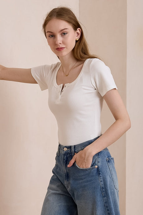 Hallie T-Shirt - Scoop Neckline Push Button Detail Ribbed Tee in White