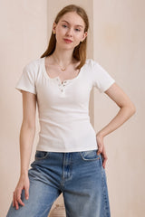 Hallie T-Shirt - Scoop Neckline Push Button Detail Ribbed Tee in White