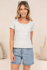 Hallie T-Shirt - Scoop Neckline Push Button Detail Ribbed Tee in Grey
