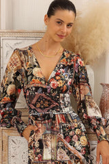 Hallow Midi Dress - V-Neck A Line Dress with Long Sleeves in Elaine Print