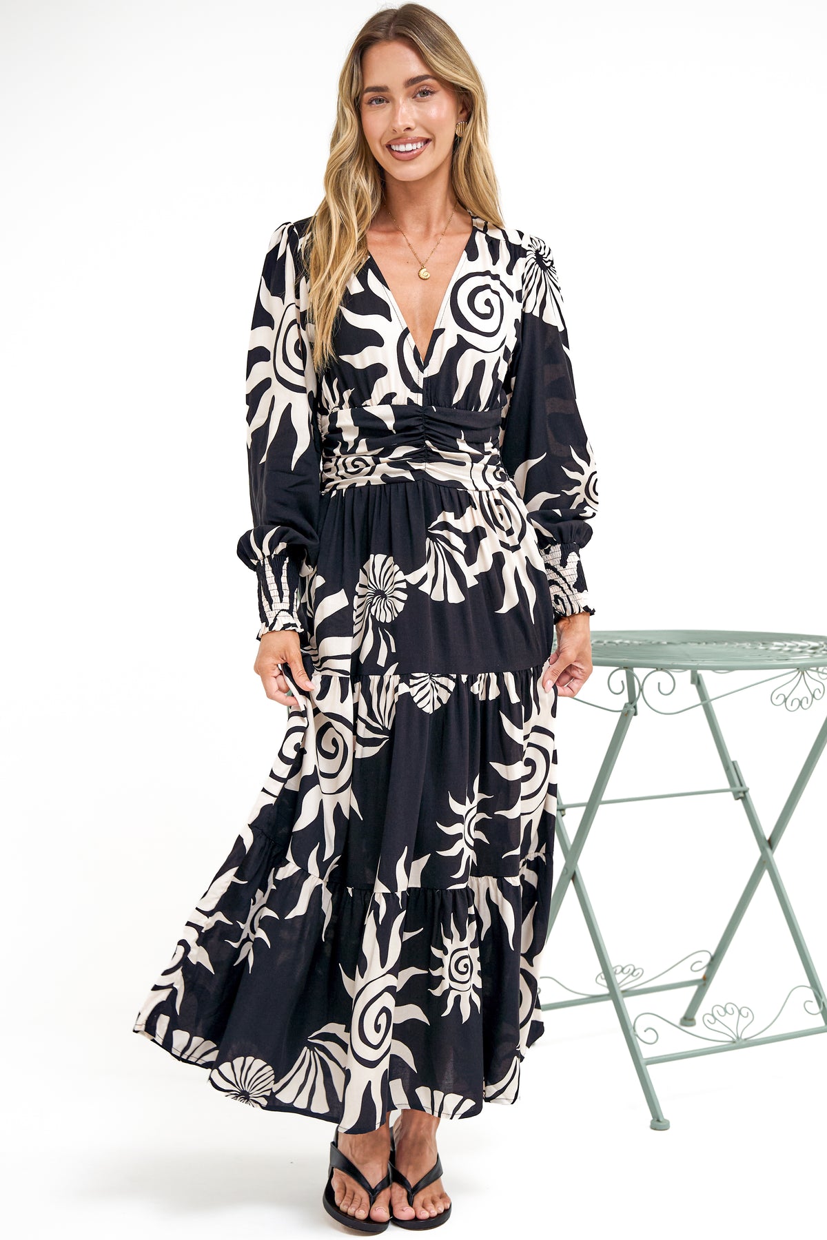 Hallow Midi Dress - V-Neck A Line Dress with Long Sleeves in Raylee Print