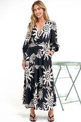Hallow Midi Dress - V-Neck A Line Dress with Long Sleeves in Raylee Print