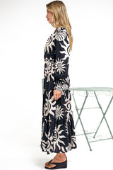 Hallow Midi Dress - V-Neck A Line Dress with Long Sleeves in Raylee Print