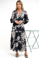 Hallow Midi Dress - V-Neck A Line Dress with Long Sleeves in Raylee Print