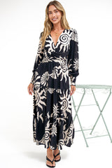 Hallow Midi Dress - V-Neck A Line Dress with Long Sleeves in Raylee Print