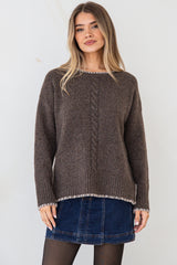Halo Jumper - Crew Neck Cable Detailed Step Hem Knit with Contrast Hemlines in Dark Brown