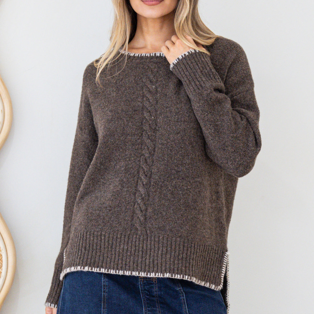 Halo Jumper in Dark Brown | Crew Neck Cable Detailed Step Hem Knit with ...