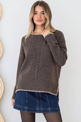 Halo Jumper - Crew Neck Cable Detailed Step Hem Knit with Contrast Hemlines in Dark Brown