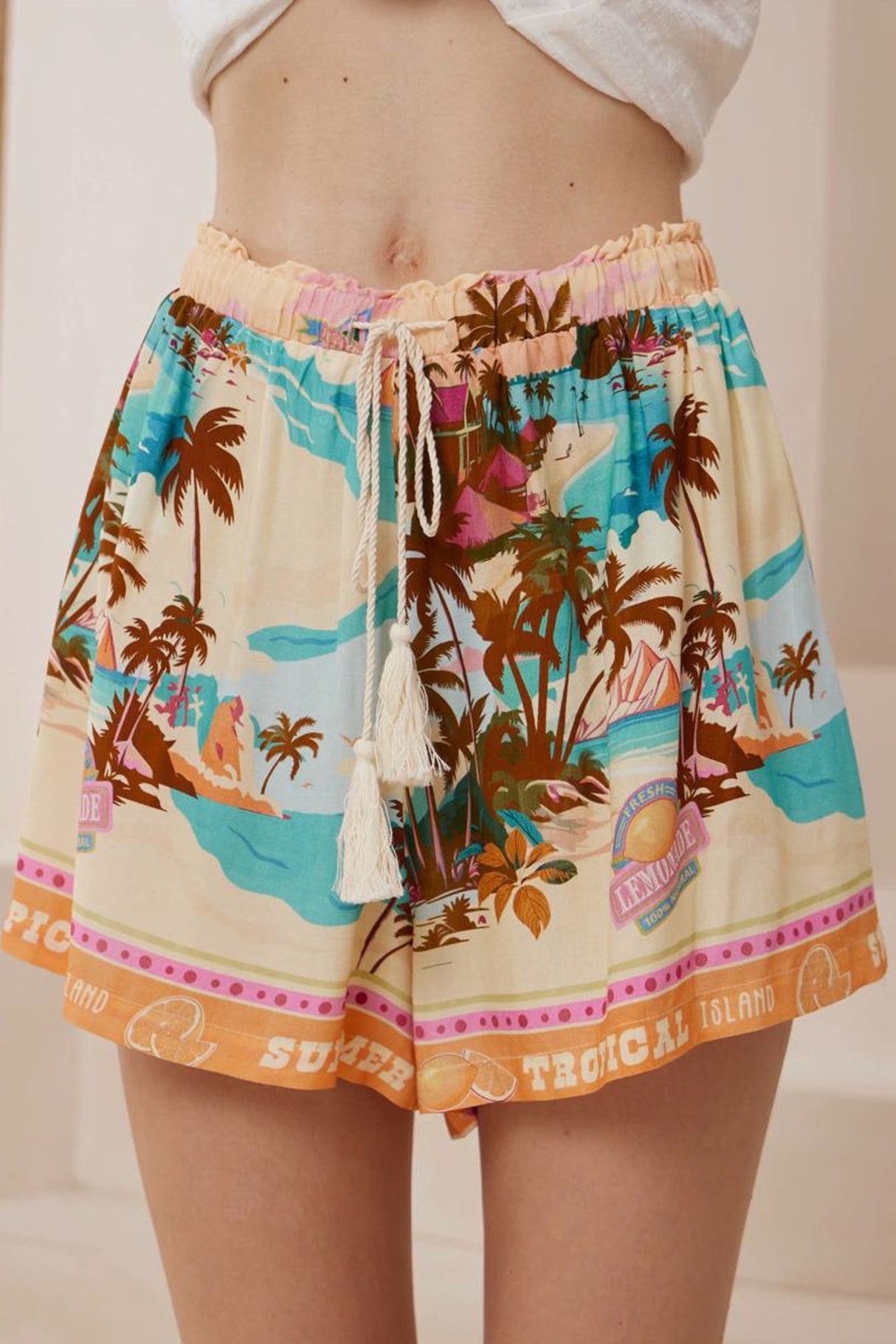 Halo Shorts - High Waisted Elasticated Waist Shorts in Summer Paradise Print